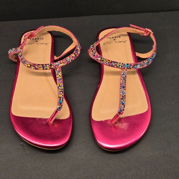 New Torrid x Betsey Johnson Sandals Magenta Rainbow Rhinestone T-Strap 9WW Wide - Picture 2 of 11